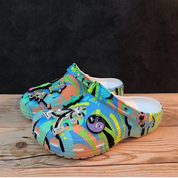 Colorful Women’s Clog Shoes with Tropical Charms - Blue/Multicolor - Picture 6 of 10